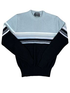 Vintage Tyrolia Women’s Wool Blend Blue and Black Stripe Ski Sweater Small